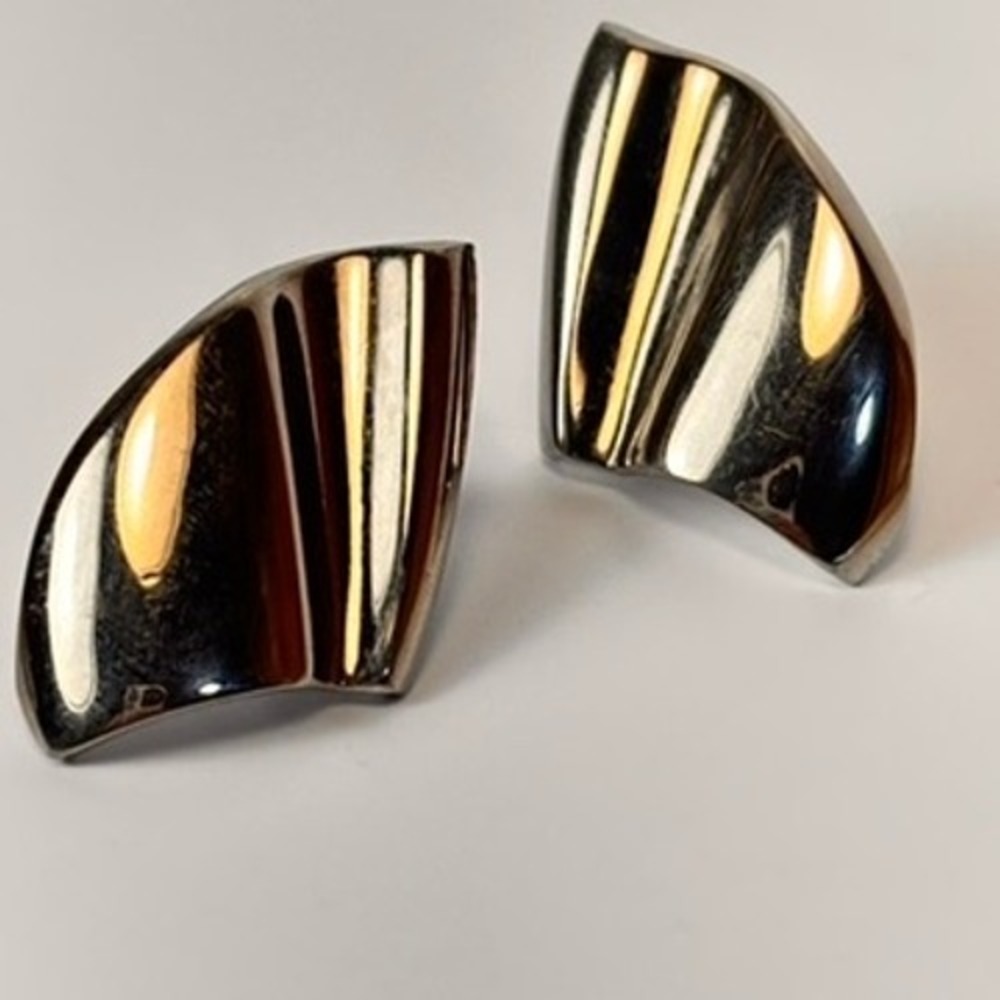 Vintage Statement Earrings Silver Tone Heavy Abstract Wave Sculptural Wing 90s